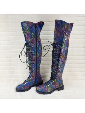 NIB Travis Colorful Rainbow Snake Corset Lace Over the Knee Fashion Riding Boots